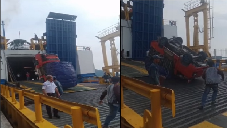 Viral Mobil Pikap Salto saat Hendak Masuk Kapal di Pelabuhan Bakauheni, Sopir Selamat