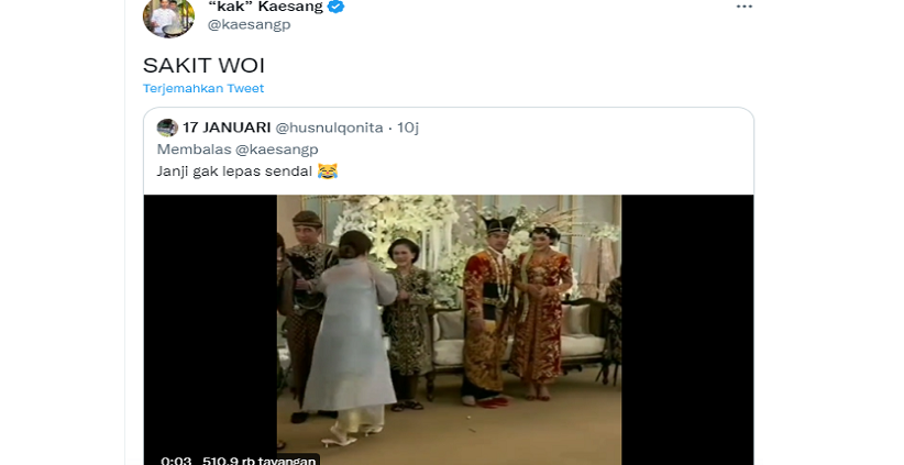 Viral Video Kaesang Lepas Selop di Resepsi Pernikahan, Netizen: I Feel You 