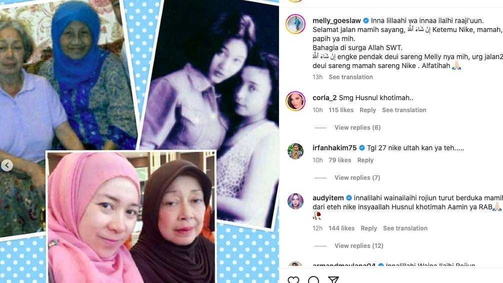 Ibunda Nike Ardilla Meninggal di Usia 85 Tahun, Melly Goeslaw: Selamat Jalan Mamih Sayang
