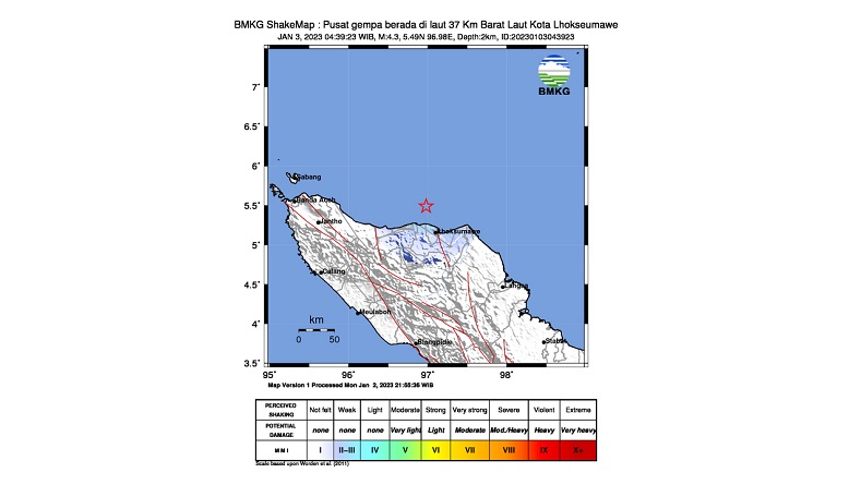 Gempa Terkini Magnitudo 4,3 Guncang Lhoksumawe Aceh, Berpusat di Laut