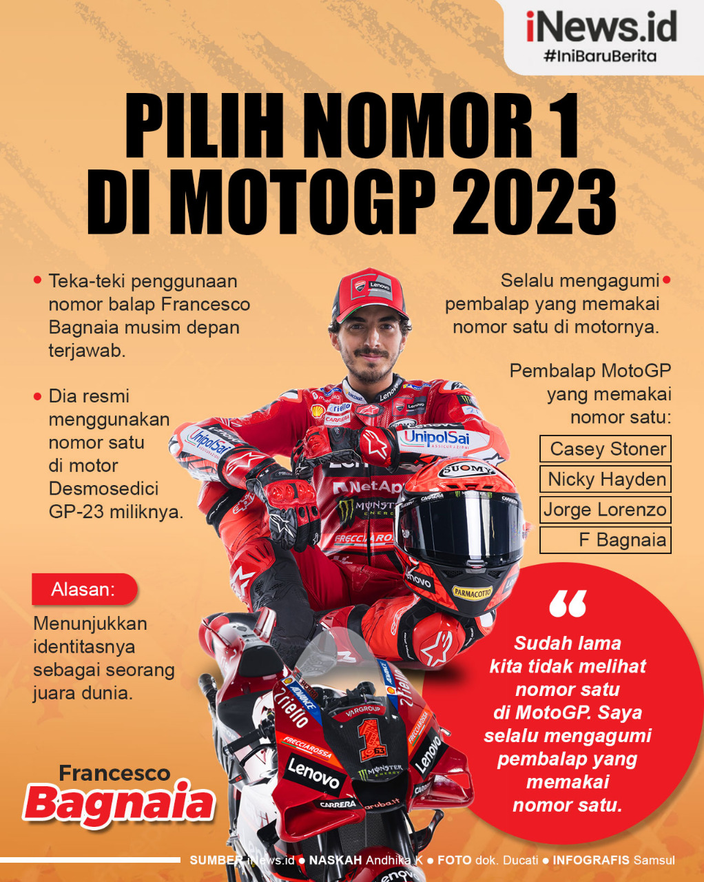 Infografis Francesco Bagnaia Pilih Nomor 1 di MotoGP 2023