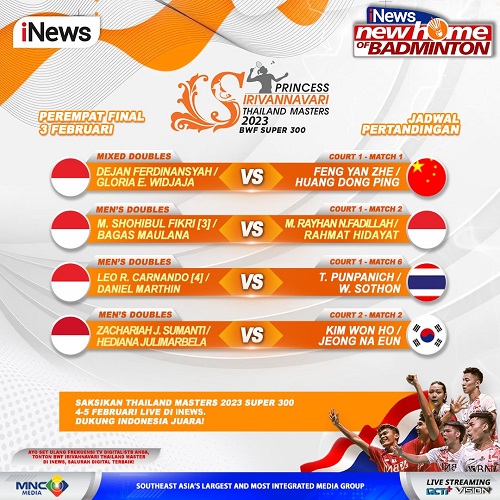 Dukung 9 Wakil Indonesia di Perempat Final Thailand Masters 2023 Hari Ini, LIVE iNews