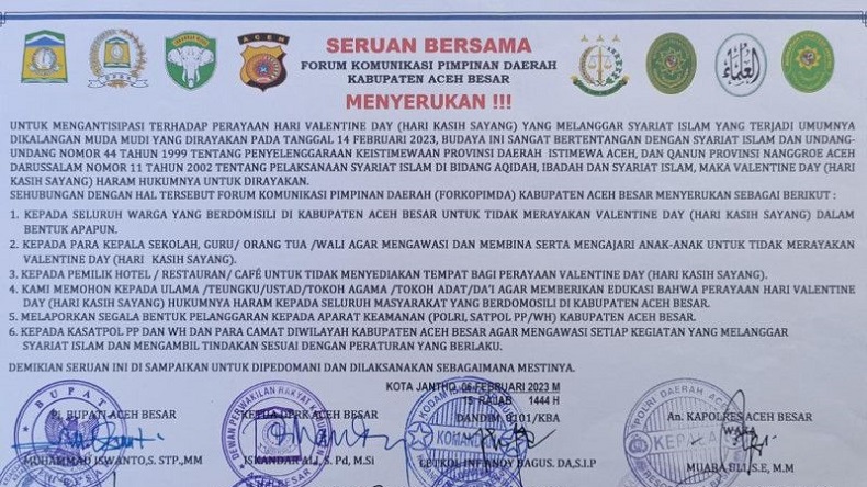 Warga Aceh Besar Dilarang Rayakan Hari Valentine, Satpol PP Bakal Patroli