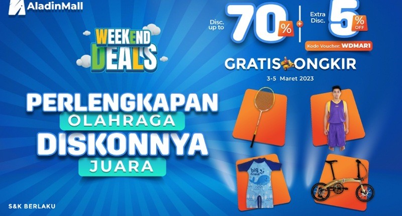 Weekend Waktunya Olahraga, Dapatkan Perlengkapannya di AladinMall Ada Diskon s.d 70% + Ekstra 5% + Gratis Ongkir!