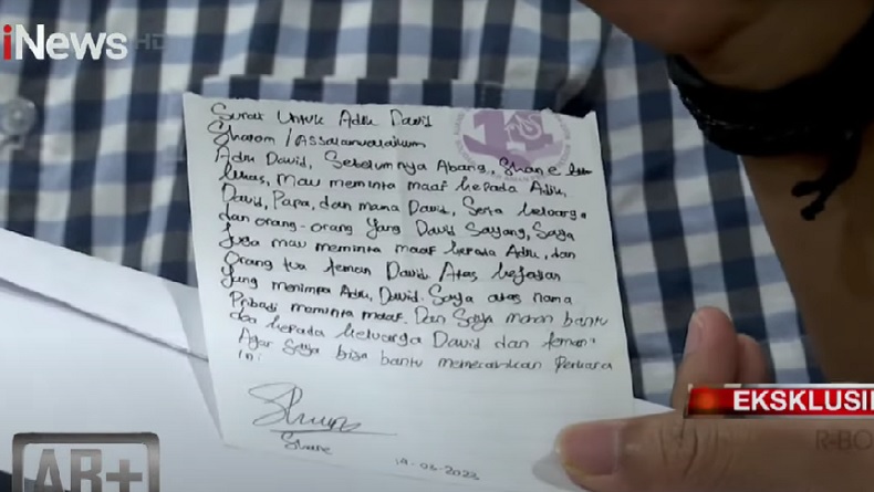 Shane Tulis Surat Permintaan Maaf kepada David Ozora, Ini Isi Lengkapnya