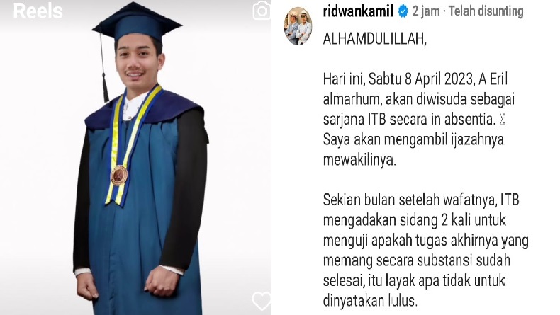 Almarhum Eril Diwisuda In Absentia di ITB, Raih Gelar Sarjana Teknik Mesin   