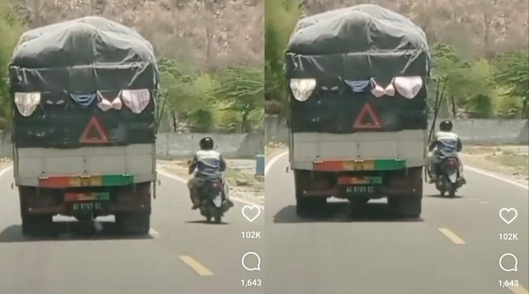 Viral Truk Pajang Jemuran Pakaian Dalam Bikin Pengendara Lain Salfok, Netizen: Penangkal Bajing Loncat