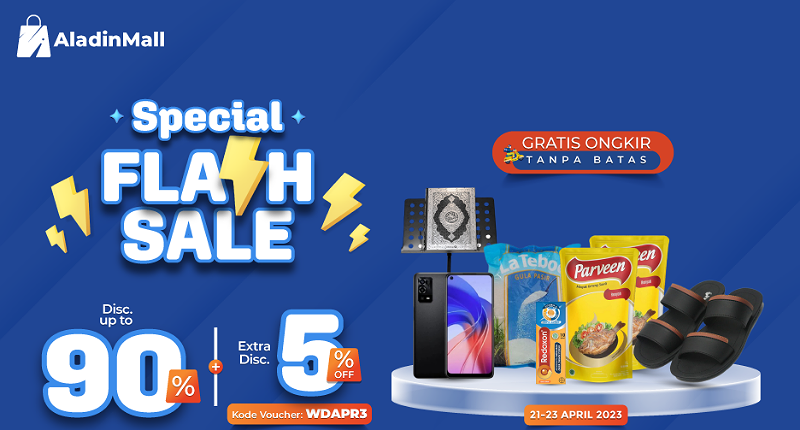 Cuma 3 Hari! Serbu Flash Sale Lebaran Diskon s.d 90% + 5% + Gratis Ongkir di AladinMall!