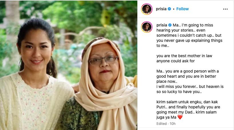 Ibu Mertua Meninggal Dunia, Prisia Nasution Berduka: Ma Aku Kangen