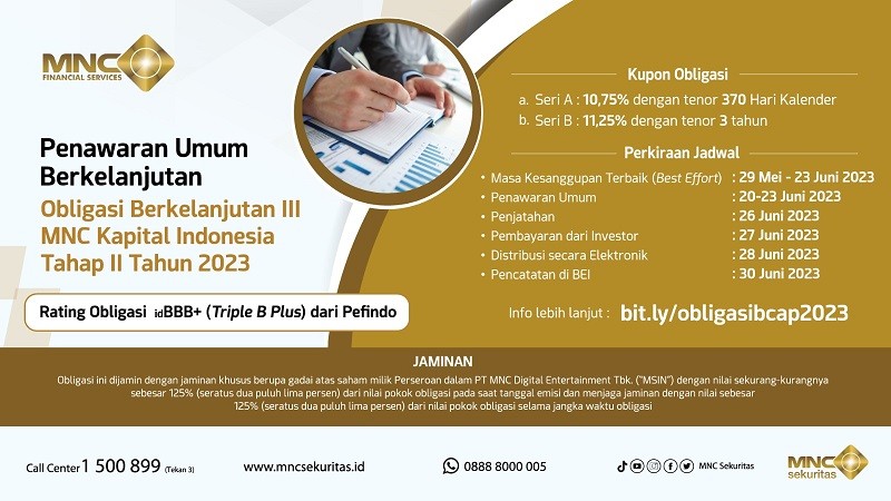 Raih Kupon 10,75-11,25 Persen Obligasi Berkelanjutan III MNC Kapital Indonesia (BCAP) Tahap II Tahun 2023 