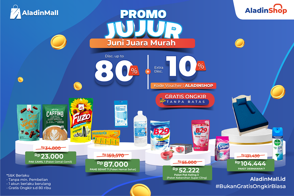 Belanja Hemat dengan Promo Jujur di AladinMall Yuk, Ada Diskon sampai 80% + Ekstra 10% + Gratis Ongkir!