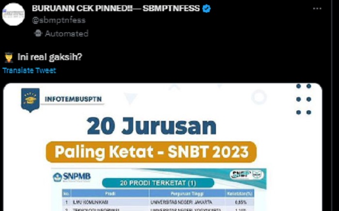 Viral Kabar 20 Prodi Terketat SNBT 2023, Ini Kata Panitia SNPMB