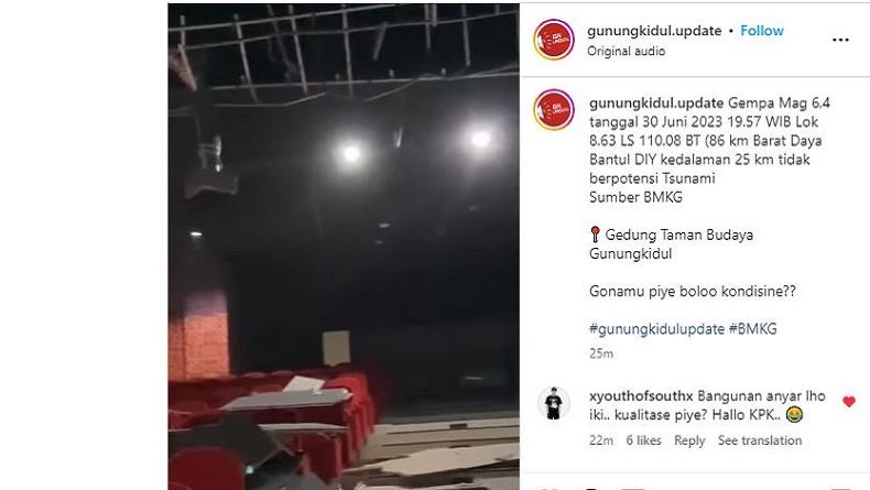 Plafon Gedung Taman Budaya Gunungkidul Roboh akibat Gempa Bantul DIY Jadi Sorotan