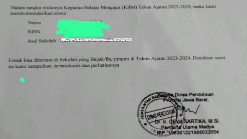 Beredar Surat Rekomendasi PPDB Bodong di Bandung, Atas Namakan Pejabat Pensiun