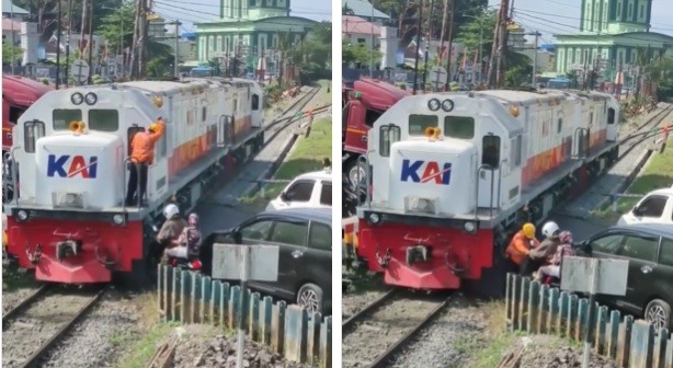 Viral Pemotor Boncengan Nyaris Terlindas Kereta, Masinis Terpaksa Berhenti akibat Motor Tersangkut