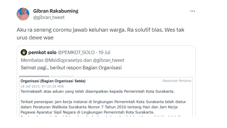 Gibran Kesal Admin Pemkot Solo Kirim Gambar Pasal Jawab Keluhan Warga: Ra Solutif Blas