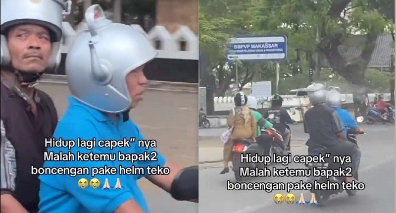 Viral Bapak-Bapak Boncengan Pakai Helm Teko, Netizen: Makasih Pak Sudah Buat Orang Bahagia