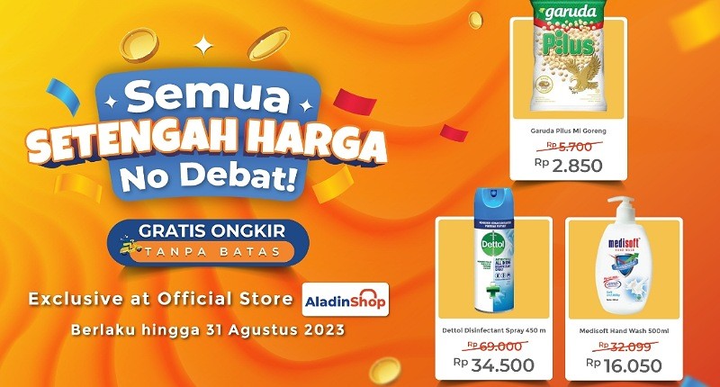 Promo AladinShop Semua Setengah Harga! Belanja Sekarang + Dapatkan Gratis Ongkirnya!