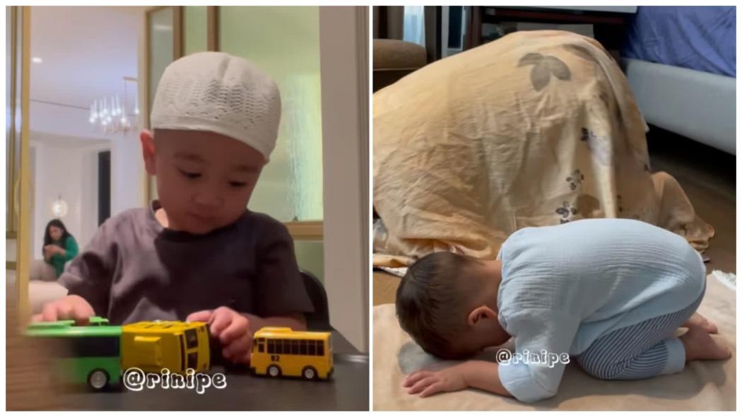 Potret Rayyanza Pakai Peci saat Belajar Sholat Bikin Netizen Meleleh: Masya Allah Bayi Tergemas!
