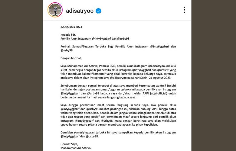Keluarganya Jadi Sasaran Ujaran Kebencian di Medsos, Kiper PSIS Adi Satryo Somasi Netizen