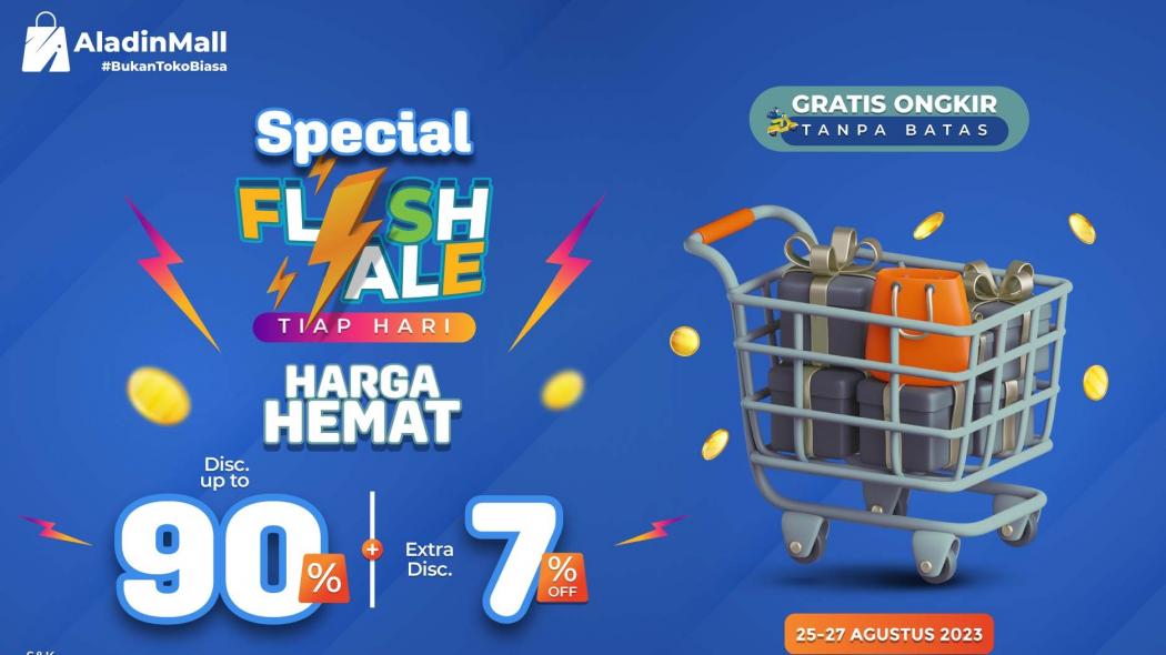 Serbu Flash Sale AladinMall, Diskon s.d 90% + 7% + Gratis Ongkir!