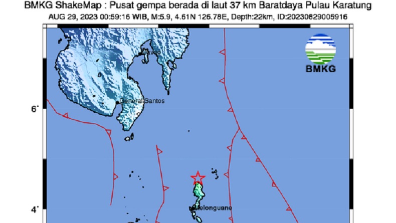 Gempa Terkini Magnitudo 5,9 Guncang Barat Daya Pulau Karatung Sulut