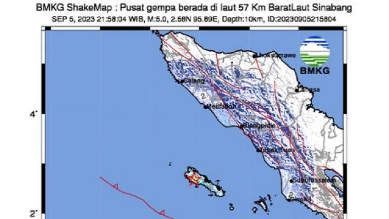 Info BMKG Gempa Terkini Magnitudo 5,0 Guncang Sinabang