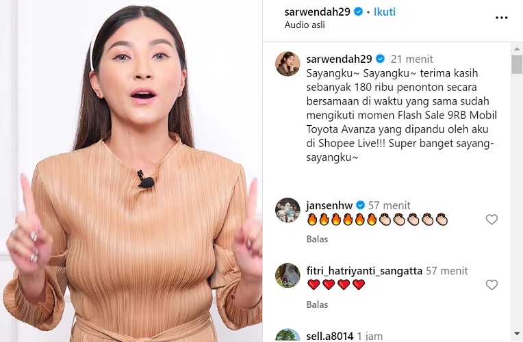 Flash Sale Mobil 9RB di Shopee Live bareng Sarwendah Ditonton 180RB Secara Bersamaan!