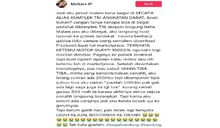 Viral Korban Begal Motor di Bandung Diduga Dimintai Uang saat Buat Laporan Polisi