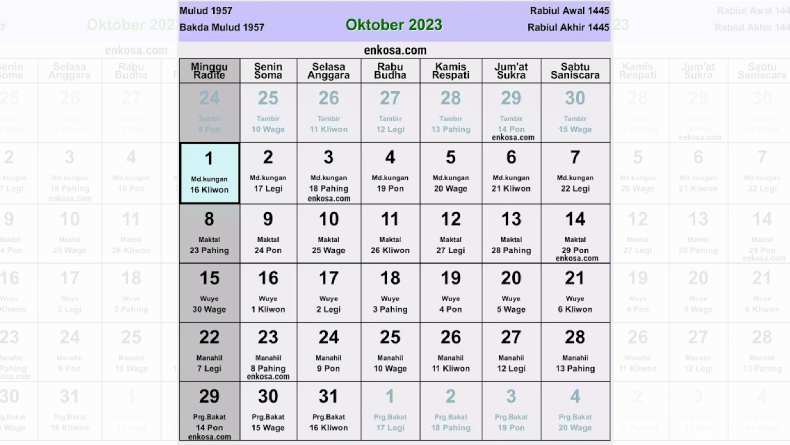 Kalender Jawa Oktober 2023 Lengkap dengan Weton