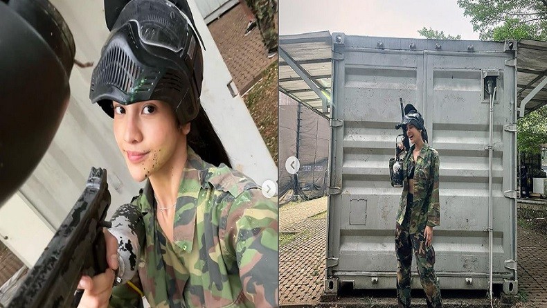4 Potret Anya Geraldine Pakai Baju Loreng Pegang Senapan, Makin Seksi