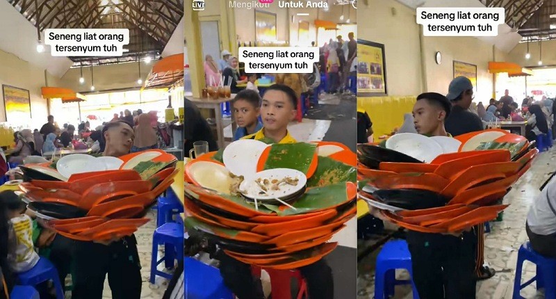 Viral Pelayan Restoran Bawa Tumpukan Piring Kotor sampai Berbentuk Mirip Buket