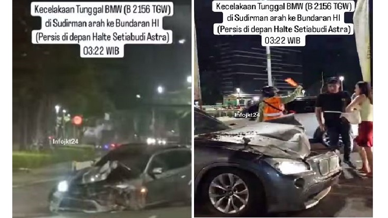 Kecelakaan di Jalan Jenderal Sudirman, Mobil BMW Ringsek Tabrak Pembatas Jalan