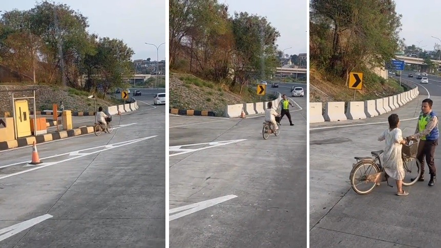 Viral Ibu-Ibu Bersepeda Masuk Jalan Tol, Petugas Auto Panik Berlari Hentikan Pelaku