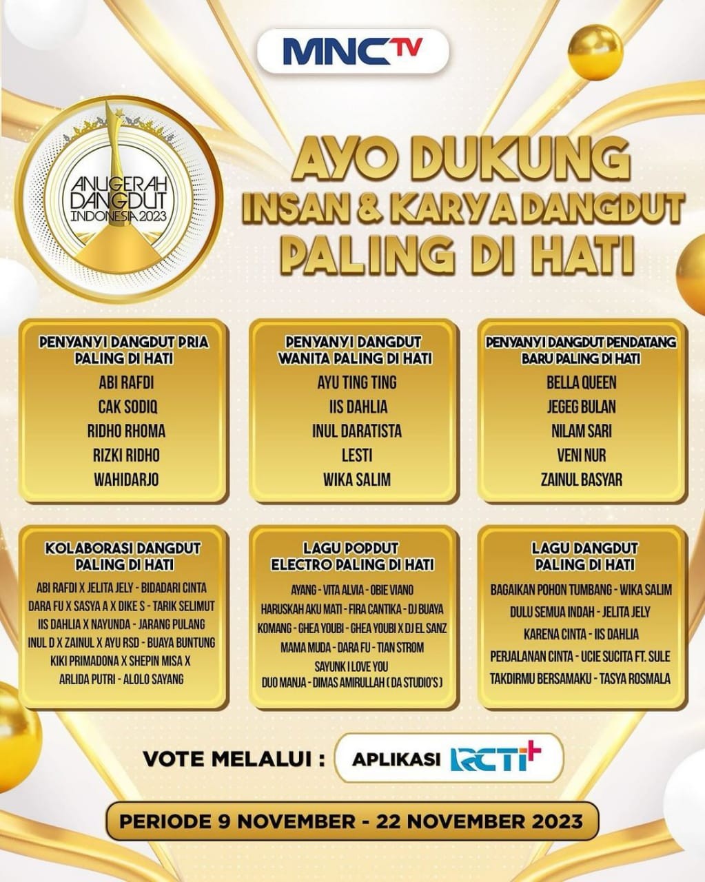 Intip Nominasi Penyanyi Pria dan Wanita Dangdut Paling di Hati Anugerah Dangdut Indonesia 2023