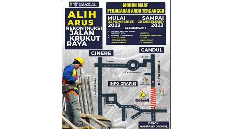 Ada Proyek Rekonstruksi Pelebaran Jalan, Polisi Rekayasa Lalin di Krukut Depok
