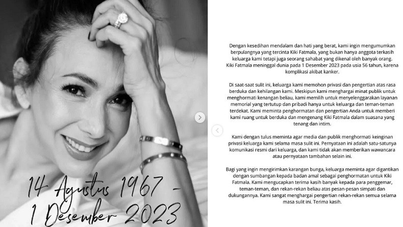 Kiki Fatmala Meninggal, Pihak Keluarga Minta Para Fans Lakukan Hal Ini