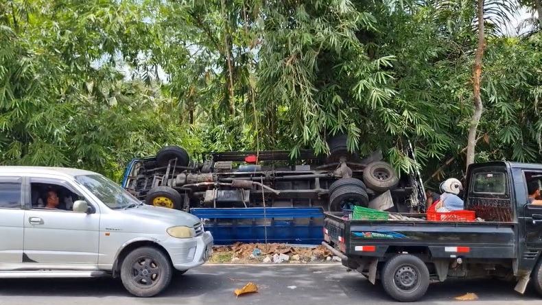 Truk Bermuatan Kayu Terguling di Jalan Raya Denpasar, Evakuasi Kerahkan Alat Berat