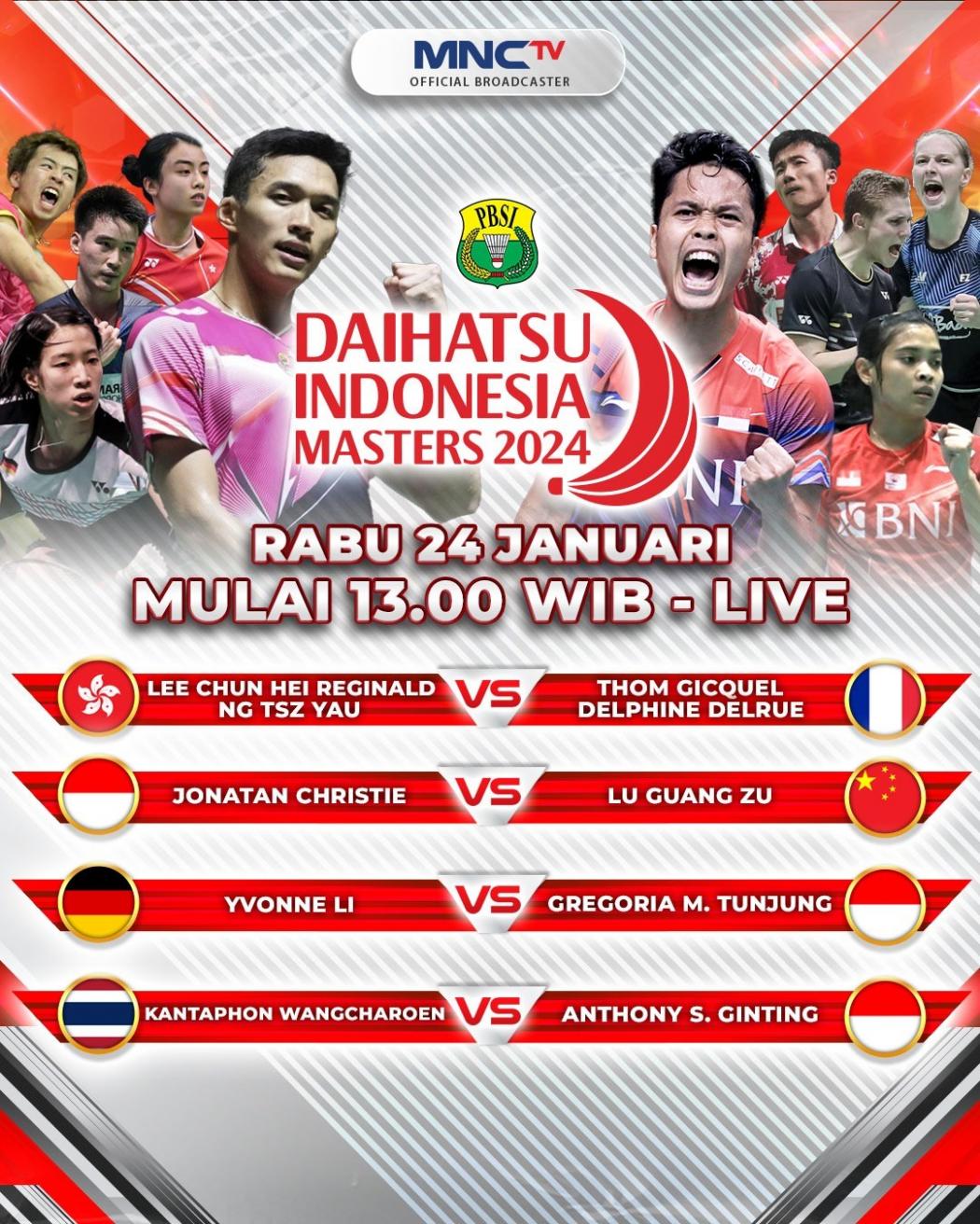 MNCTV Tayangkan 4 Pertandingan Daihatsu Indonesia Masters 2024, Jonatan Christie Hadapi Lu Guangzu di babak 32 Besar