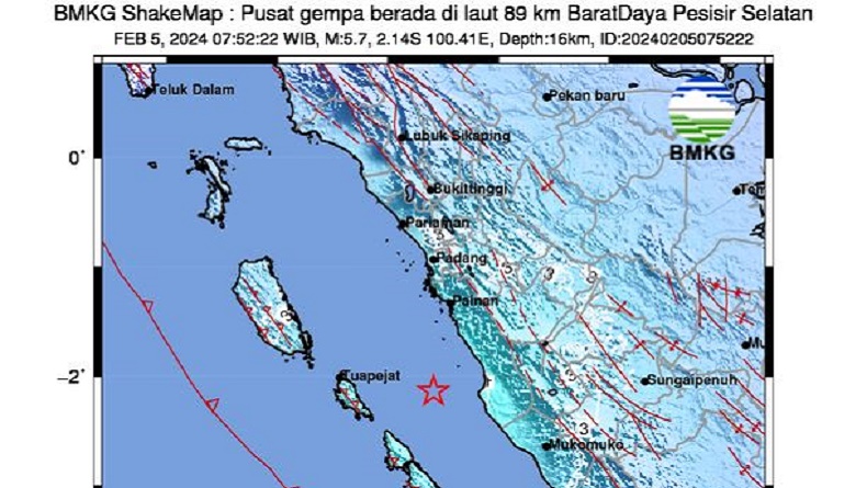 Gempa Terkini M5,7 Guncang Pesisir Selatan Sumbar, Terasa di Mentawai dan Padang