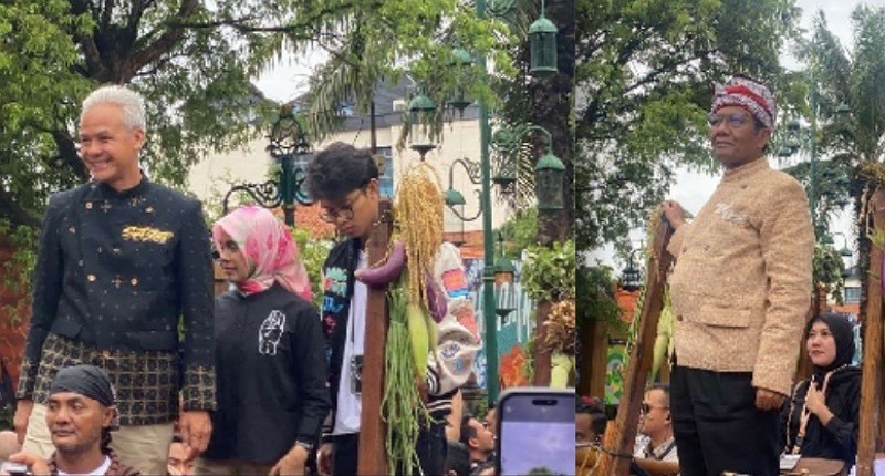 Potret Ganjar-Mahfud Kenakan Beskap Ramah Lingkungan saat Kirab di Hajatan Rakyat Solo