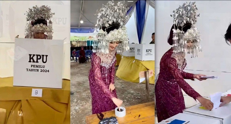 Viral, Aksi Unik Warga Pakai Baju Pengantin ke TPS, Netizen: Emang Asyik Tinggal di Indonesia