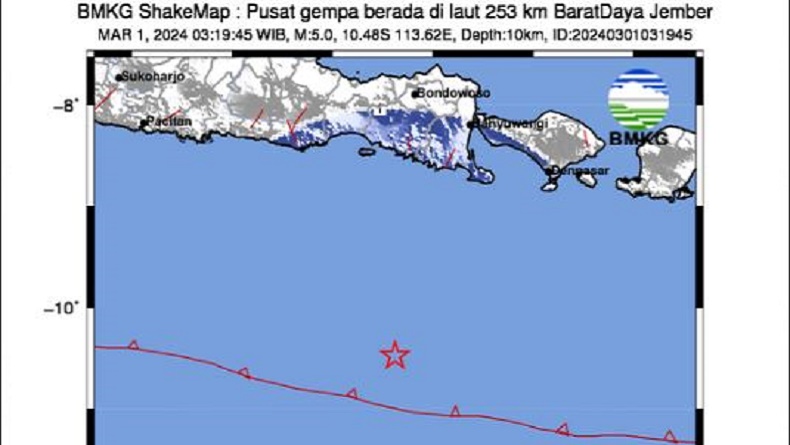 Gempa Terkini M5,0 Guncang Jember Jawa Timur, Kedalaman 10 Km