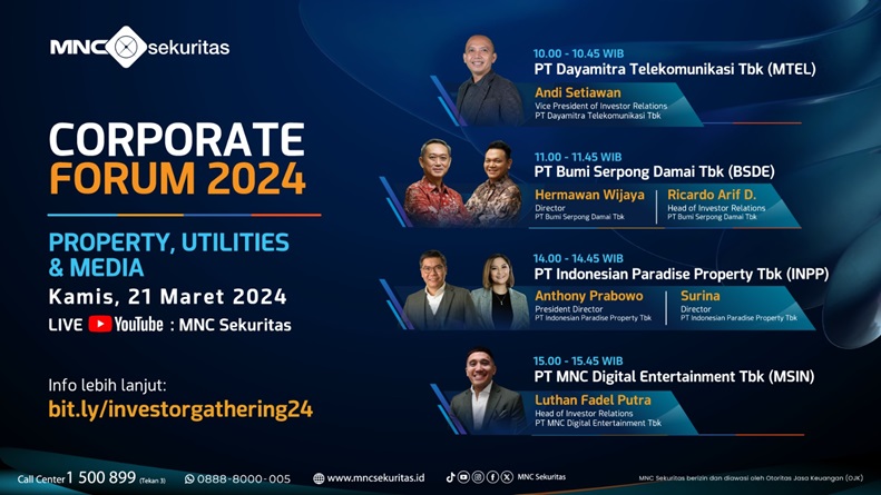 Hari Terakhir Corporate Forum, Saksikan Strategi dan Prospek Bisnis MTEL, BSDE, INPP, dan MSIN di YouTube MNC Sekuritas!