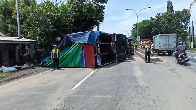 Hindari Betor, Truk Tronton Penuh Muatan Ternak Terguling di Jalan Surabaya-Probolinggo