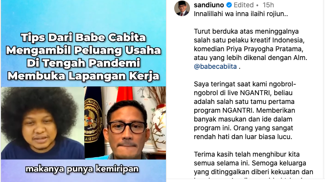Kenang Babe Cabita, Sandiaga Uno: Orang yang Rendah Hati dan Luar Biasa Lucu