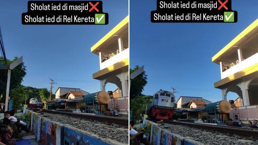 Viral! Ada Kereta Numpang Lewat saat Warga Sholat Id di Cilegon 