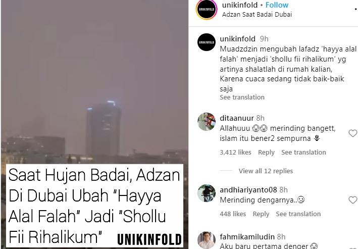 Dubai Diterjang Hujan Badai, Muadzin Ubah Lafal Hayya Alal Falah jadi Shallu Fii Rihalikum