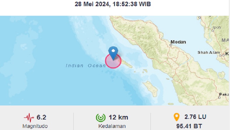 Gempa M6,2 Guncang Sinabang Simeulue Aceh, Kedalaman 12 Km