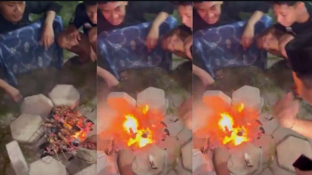 Viral, Momen Menakutkan Sekelompok Pria Bakar Sate Daging Kurban Tiba-Tiba Arang Meledak